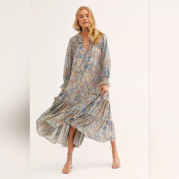 Free People Dresses & Skirts - Free people XL Feeling Groovy Maxi Dress ivory combo ob998042 floral print blue